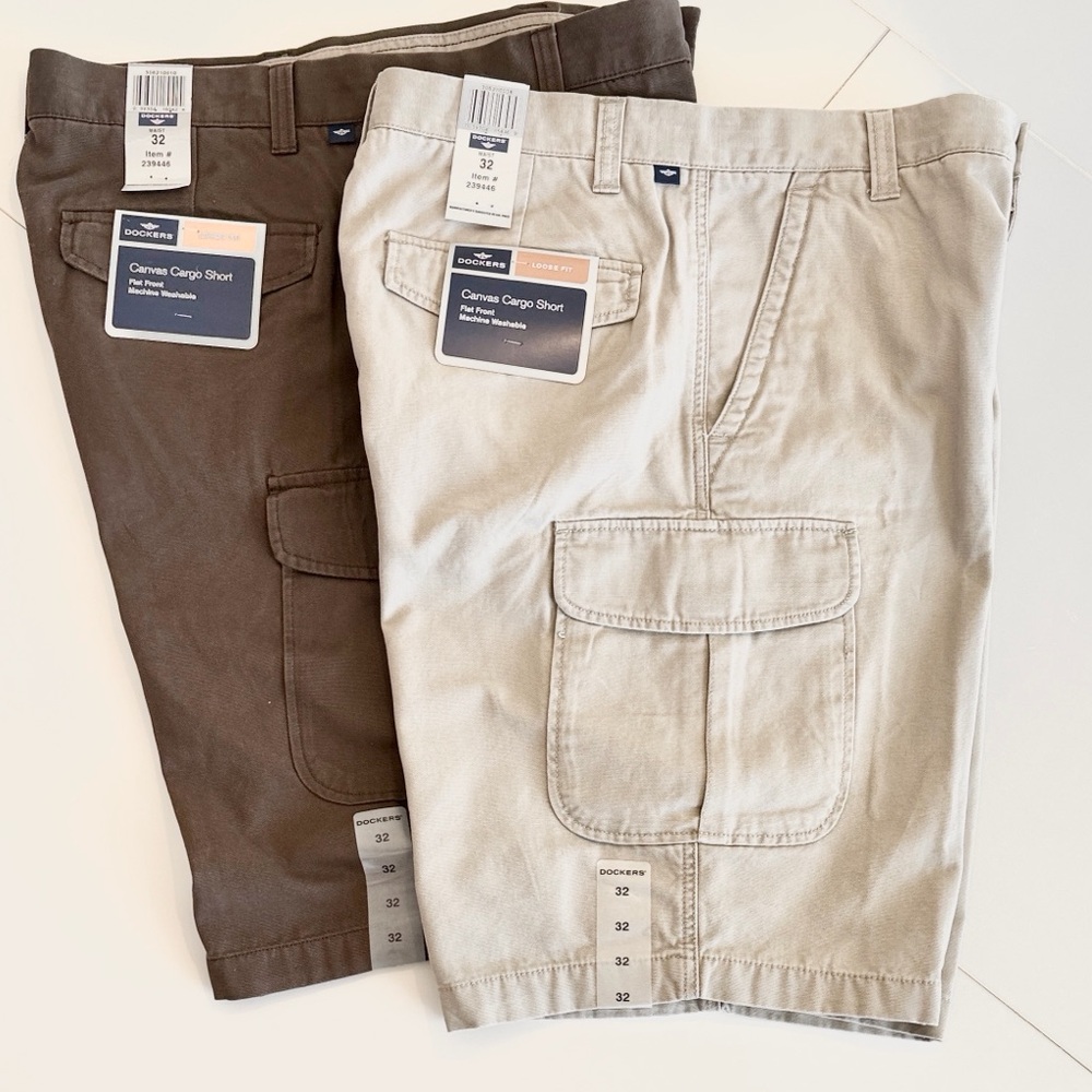 2 Pair Dockers Canvas Cargo Cotton Brown Work Shorts 32 Waist NWT